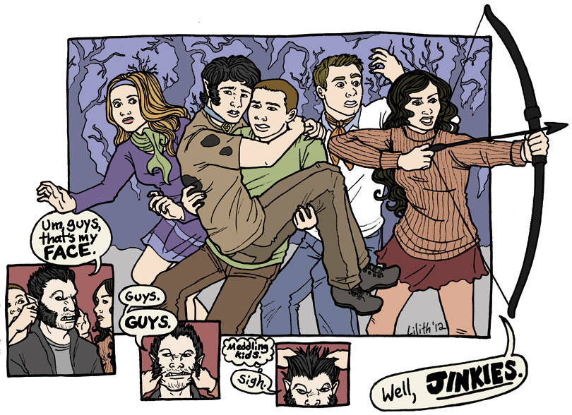 An image of Lydia, Scott, Stiles, Jackson and Allison dressed as freaked-out Scooby Doo characters, with small panels depicting Stiles and Allison tugging at an exasperated Derek's face as though it is a mask they can remove.