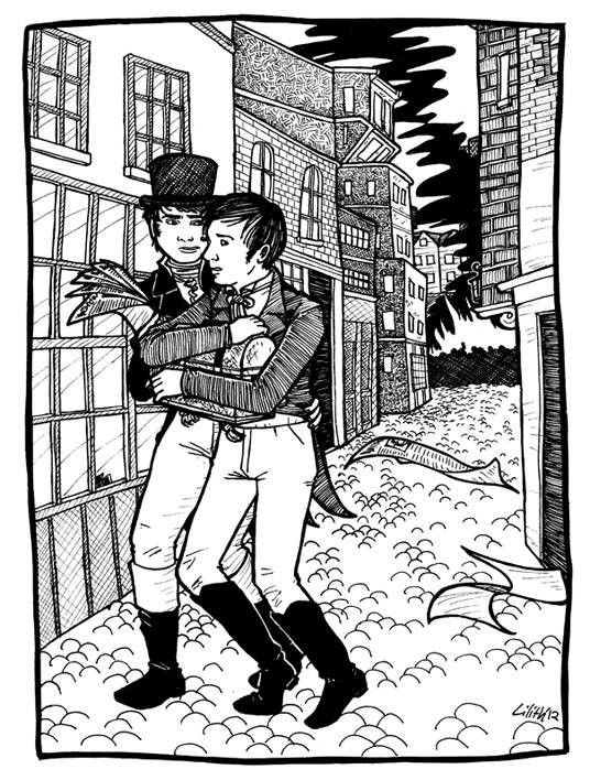 Regency!Gerard and Frank flee down a narrow, cobbled street; Gerard holding broadsheets, some of which have fluttered free behind them, and has an arm around Frank’s waist, while Frank clutches a small chest to his front. In the distance behind them, we see fire, smoke, and a silhouetted crowd of people.