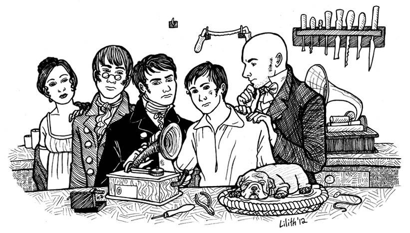 Alicia, Mikey, Gerard, Frank and Grant, all in Regency attire, stand clustered around an early wax-cylinder phonogram with grave, thoughtful expressions. Behind them are various tools and another, larger phonogram. On the table beside the group, a bulldog puppy sleeps peacefully.