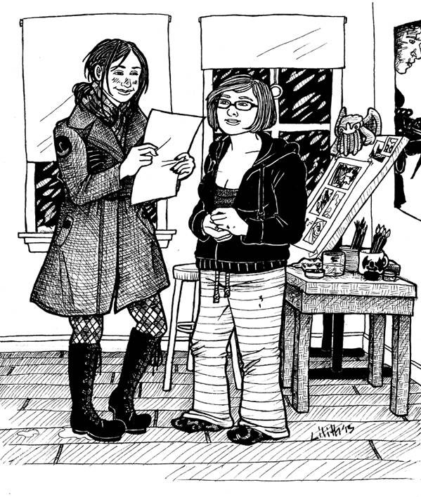Lindsey Ballato, dressed in a coat and boots, face still flushed from the cold, grins at a piece of artwork she’s holding, while Becky Cloonan, wearing pajamas and a hoodie, looks on. Nearby stands a drawing table, art supplies, a small Cthulhu doll, and a poster of Edward Scissorhands.