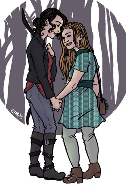Allison & Lydia stand holding hands and smiling at each other, in front of a purple background of woods