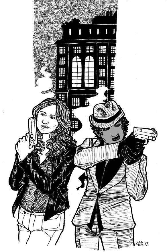 b&w ink drawing of Kate Beckett and Renee Montoya stalking into an alley, guns raised; behind there is a dark building with a tiny Batwoman silhouette at the top