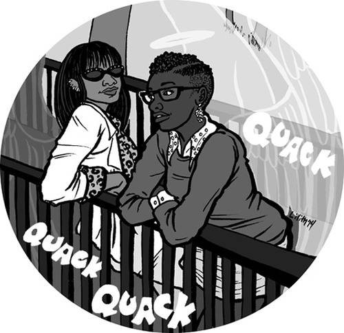 Crowley!Rihanna and Aziraphale!Lupita lean on the rail of a bridge in St. James Park, their wings translucent but visible; the sound of quacking rises up from below