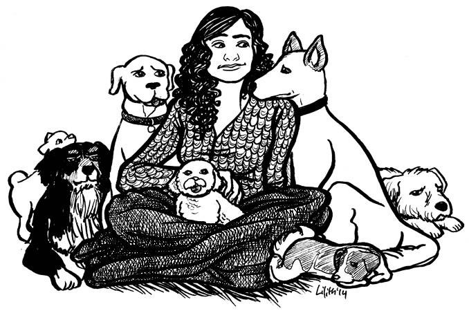 a dubious Alana Bloom, surrounded by dogs