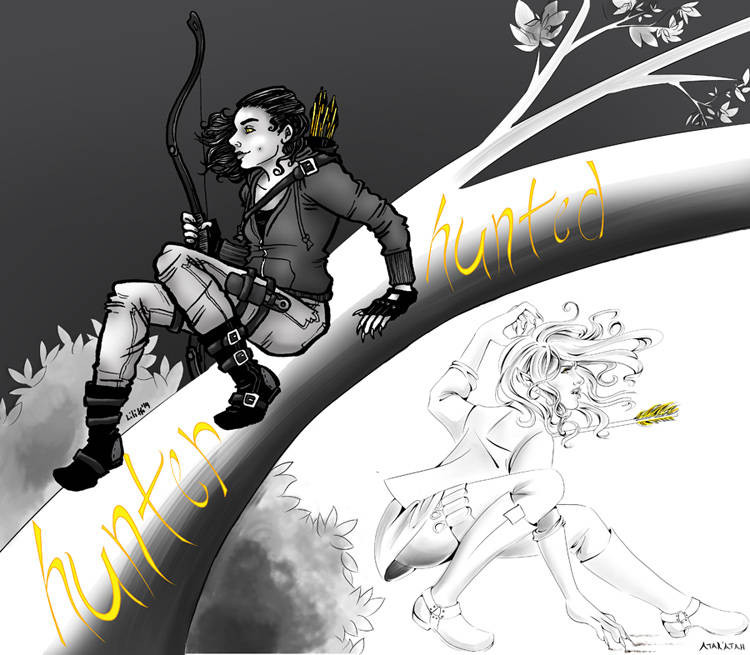 black & white (with some yellow touches) split image of two versions of Allison Argent: perched on a tree with her bow, looking alert and even happy, and crouched in a defensive posture, wolfed-out with an arrow protruding from her chest as she faces unseen attackers. text on the tree reads 'hunter' and 'hunted'