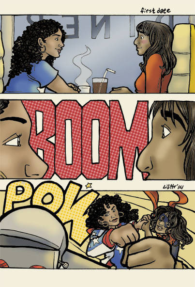 a three-panel color comic: America & Kamala share drinks in a diner. A loud BANG is heard, and their eyes lock. In costume, they hold hands and punch out a giant robot: POW!