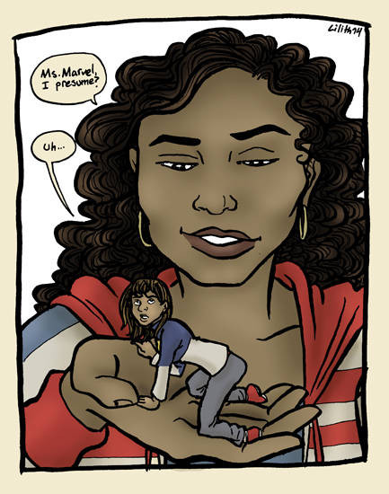 America Chavez smiles down at a tiny Kamala Khan sprawled in her open palm. 'Ms. Marvel, I presume?' 'Uh ...'