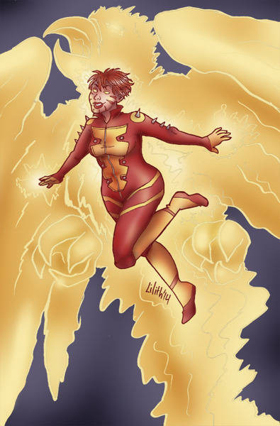 Rachel Summers, dressed in a version of her current costume, flying joyfully while surrounded by the firey phoenix effect