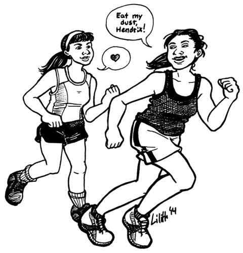Beth Childs & Alison Hendrix jogging; Beth in front, calling back 'Eat my dust, Hendrix!' while Alison responds with a heart