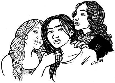An uneasy Emily Fields is flanked by Alison DiLaurentis, who is running her fingers through Emily's hair and tilting her head close, and Spencer Hastings, who has a hand on Emily's shoulder and is watching Alison intently