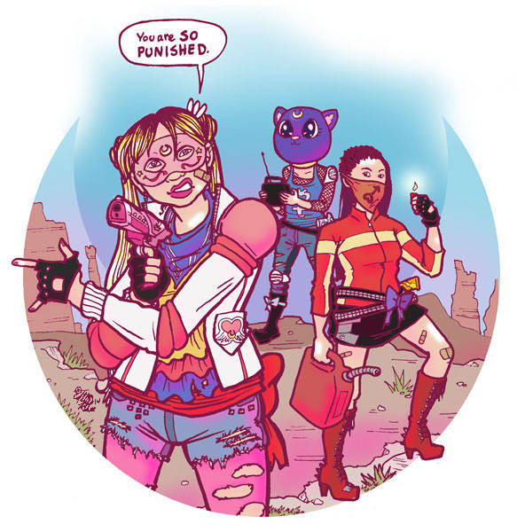 Sailor Moon, Mars and Mercury, dressed in brightly-colored Fabulous Killjoys costumes inspired by their original designs, pose in a crescent-moon-shaped slice of desert. Usagi, in her famous pose (but with a raygun in the pointing hand) says 'You are SO PUNISHED.'