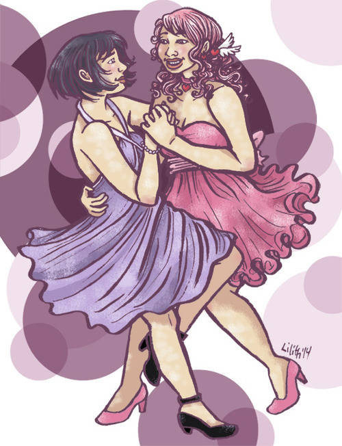 teenaged ChibiUsa and Hotaru dance together in sparkly prom dresses over a polka-dot background