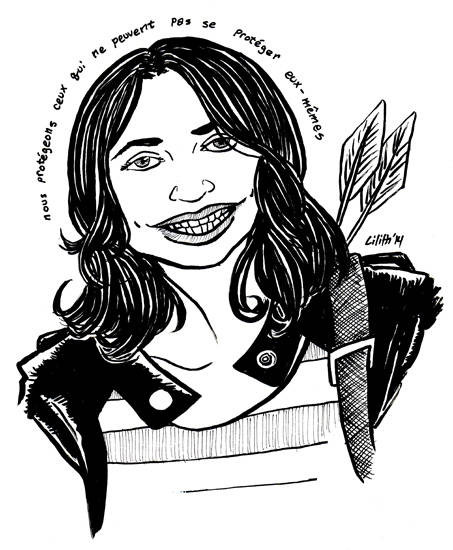 a black& white bust portrait of Allison Argent with a broad smile, arrows at her back, and her reworked family motto circling her head like a halo