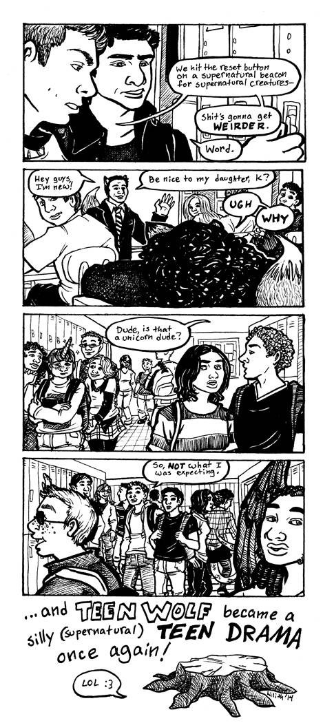 a four-panel fancomic about the Nemeton attracting totally normal supernatural teens to Beacon Hills High
