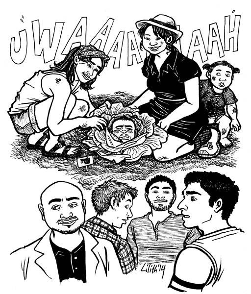 Two-part image. Above, Talia Hale and another woman crouch in the dirt to pull apart the leaves of a cabbage, revealing baby!Derek's wailing head, while toddler!Laura looks on. Below, Deaton smiles reminiscently as Scott and Stiles regard him with shock, while Derek looks on smugly.