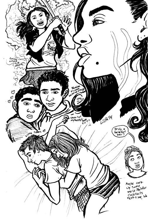 a mishmash of pen doodles based on the first two episodes of Teen Wolf season 4: Kira , surrounded by flames, swinging her katana, Braeden's face in profile, teen!Derek curled up and staring smittenly at Scott, from the shoulders up, Stiles and Malia spooning in bed, and a tiny Lydia head rolling her eyes and remarking 'Srsly, a baseball bat?'