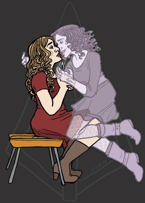 Lydia Martin sits on a footstool, holding an arrowhead and gazing up at Allison Argent's smiling ghost, who is floating down to kiss her.