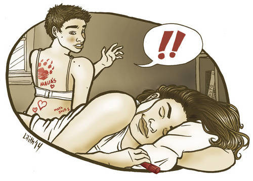 Stiles stares down at the doodles on her back, while Malia, sleeping in the foreground, smiles and clutches her red marker