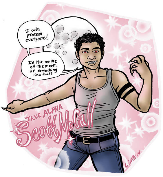 Scott McCall is posed dramatically in front of a pink, sparkly background, the full moon behind his head, promising to protect everyone. In front of him is a swirly logo that reads TRUE ALPHA SCOTT MCCALL.