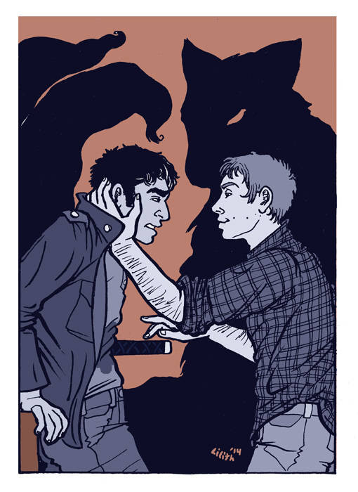 two-color image of nogitsune!Stiles toying with Scott, who has been stabbed with a katana