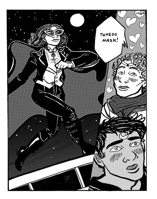 Allison Argent, dressed as Tuxedo Mask, runs through the night. Lovesick Sailor!Isaac and Sailor!Scott stare after her.