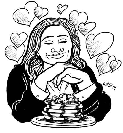 Leslie Knope sits with her chin on her hands and a serene expression, a plate of waffles in front of her and hearts all around her head.