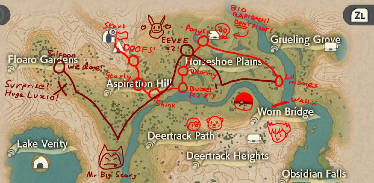 A map of the upper section of the Obsidian Fieldlands, with the path they took through it drawn out in red. Each area where a Pokémon was found is labelled, and there are various doodles throughout.