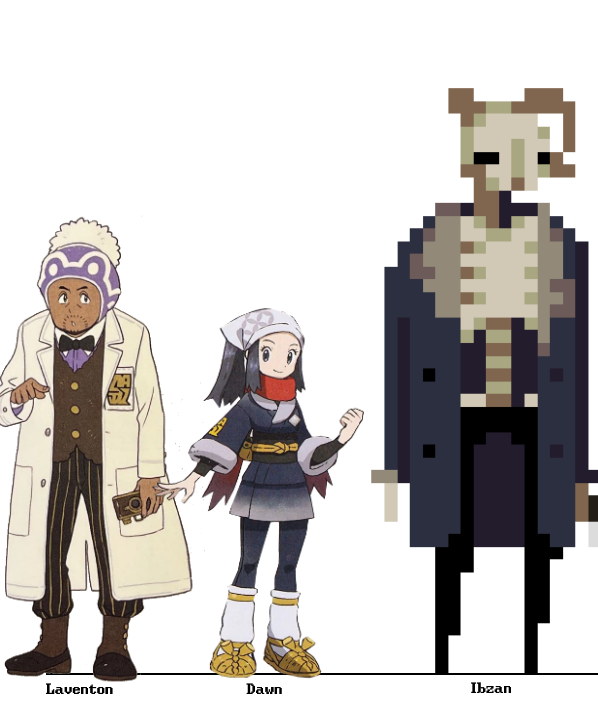 Laventon, Dawn, and Ibzan standing next to one another. Laventon and Dawn are depicted using their concept art, while Ibzan is using his in-game sprite. Dawn comes up to about Laventon’s shoulders, roughly, while Laventon himself is a little shy of reaching Ibzan’s shoulders
