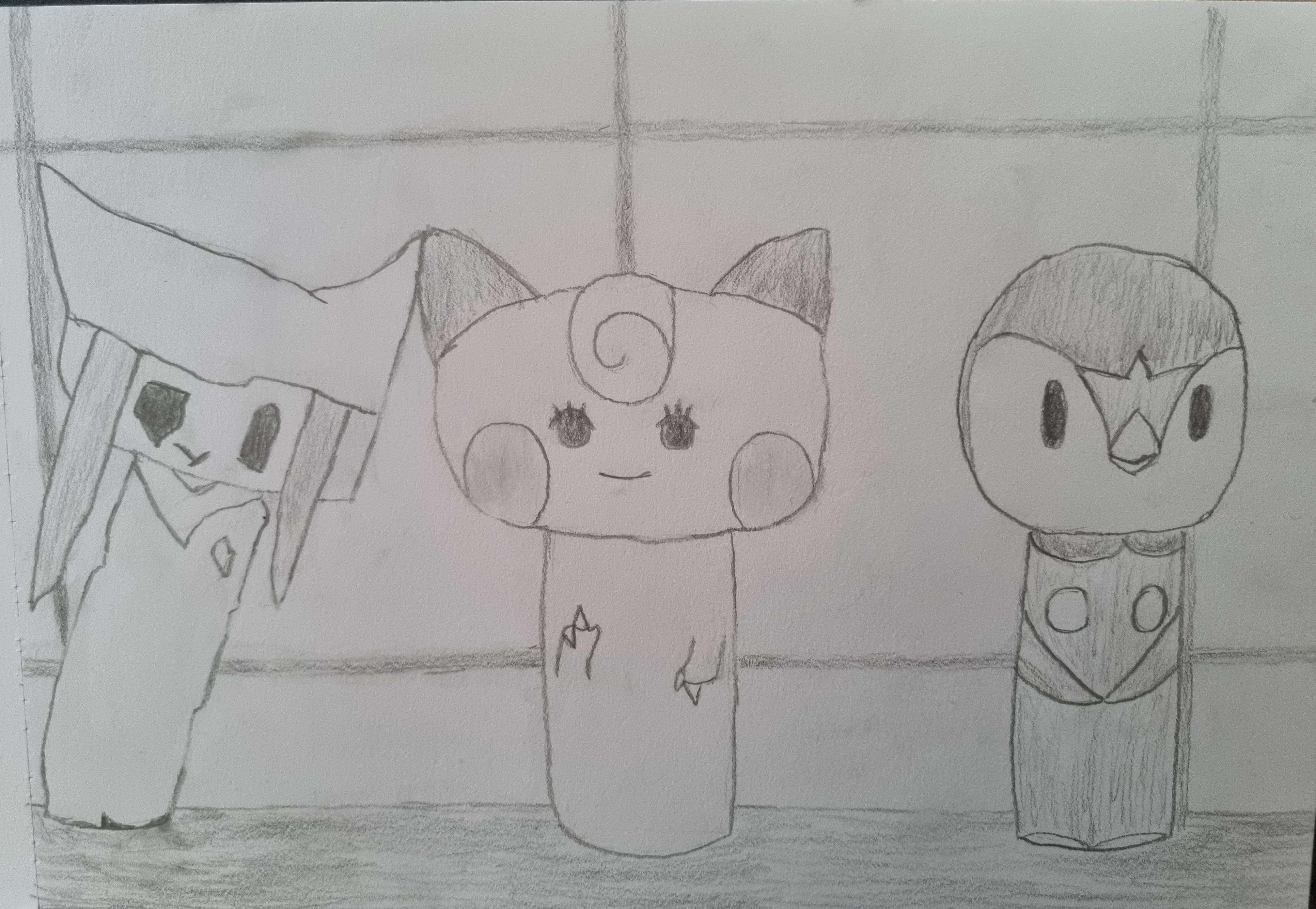A pencil drawing of three Pokéshi dolls sitting on the windowsill in the player's quarters. On the left is Ibzan's, in the middle is Anvin's, and on the right is Dawn's. Ibzan's is shoddy looking and is leaning on Anvin's for support, while the other two stand on their own.