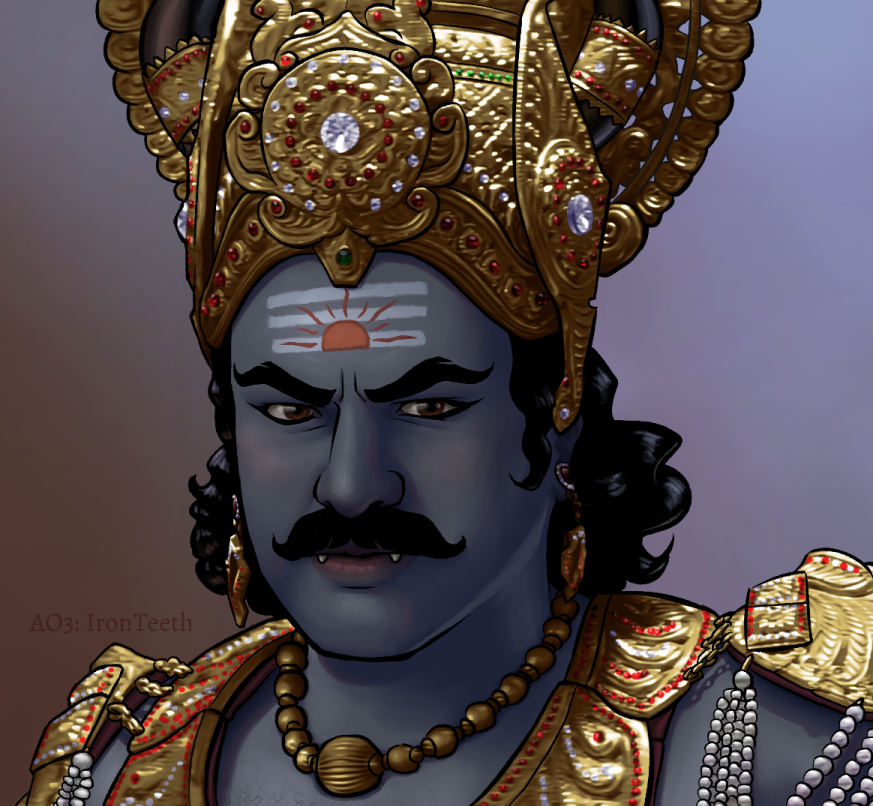 A portrait of Yama, looking a little younger and with dark grey-blue skin and small fangs. He has black hair, brown eyes, sharply angled eyebrows, and a curled moustache. His crown, earrings and armour are gold and studded with white, red and green gems, and his armour has pearls hanging off it. On his forehead is a tilaka consisting of three white bars overlaid with a sun that is either rising or setting. He's glare-smirking at the viewer and his winged eyeliner is quite frankly perfect.
