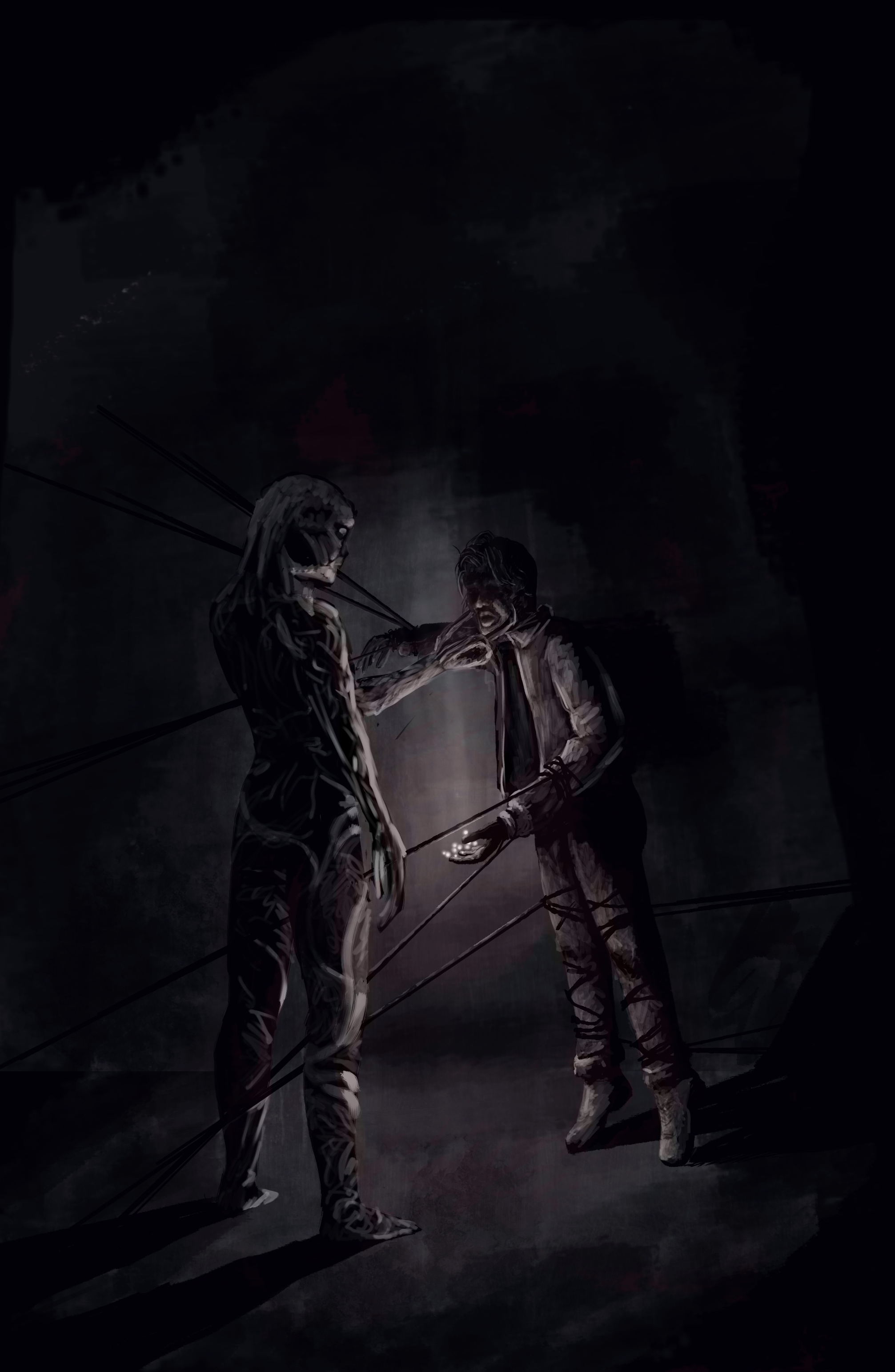 Steve and Vecna, standing close together. Steve is being held there by vines. His left hand is palm-up, and is glowing with little white lights. Vecna has his hand around Steve's chin.