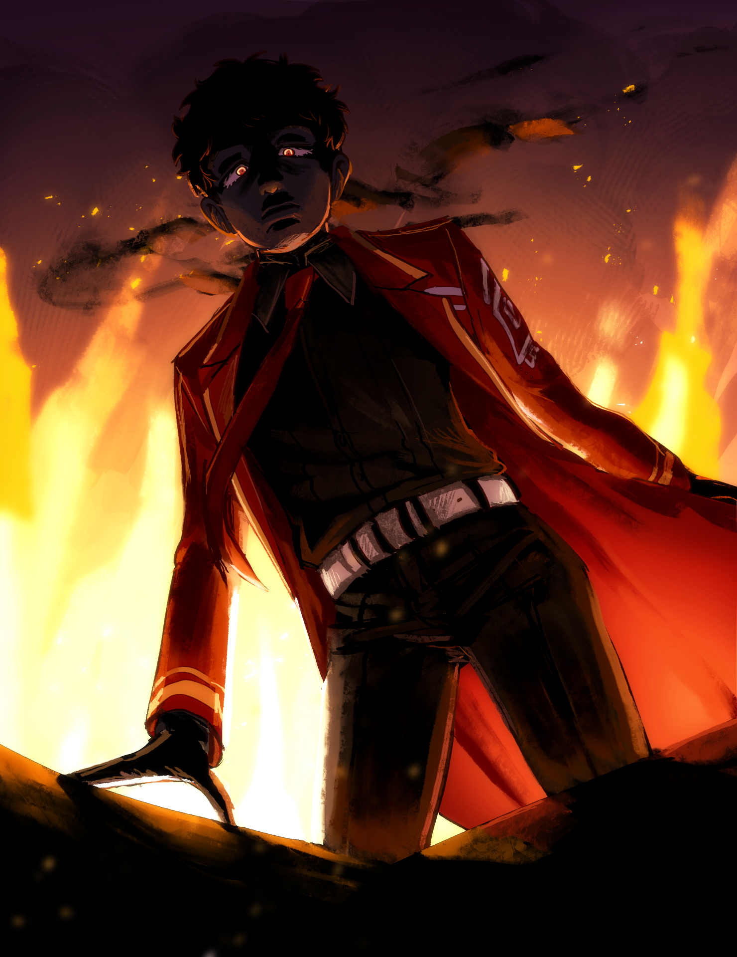 Painting of an ominously framed Dante backlit by flames rising to stand above wreckage, eyes shining.