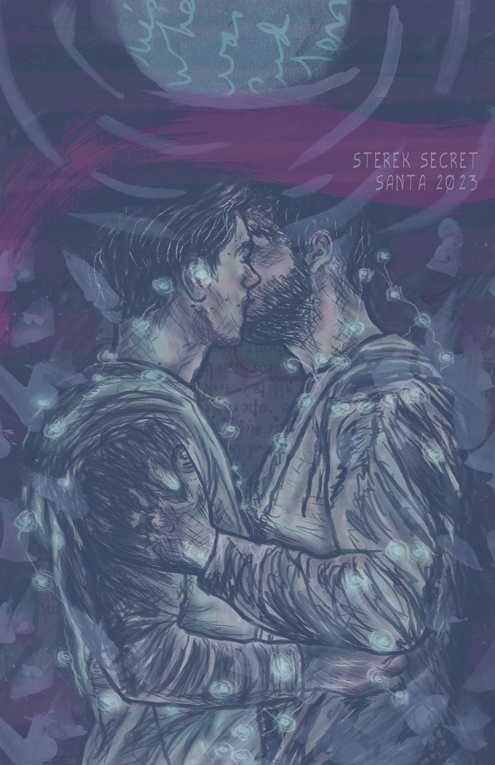 stiles and derek kiss under a full moon while tangled in Christmas lights