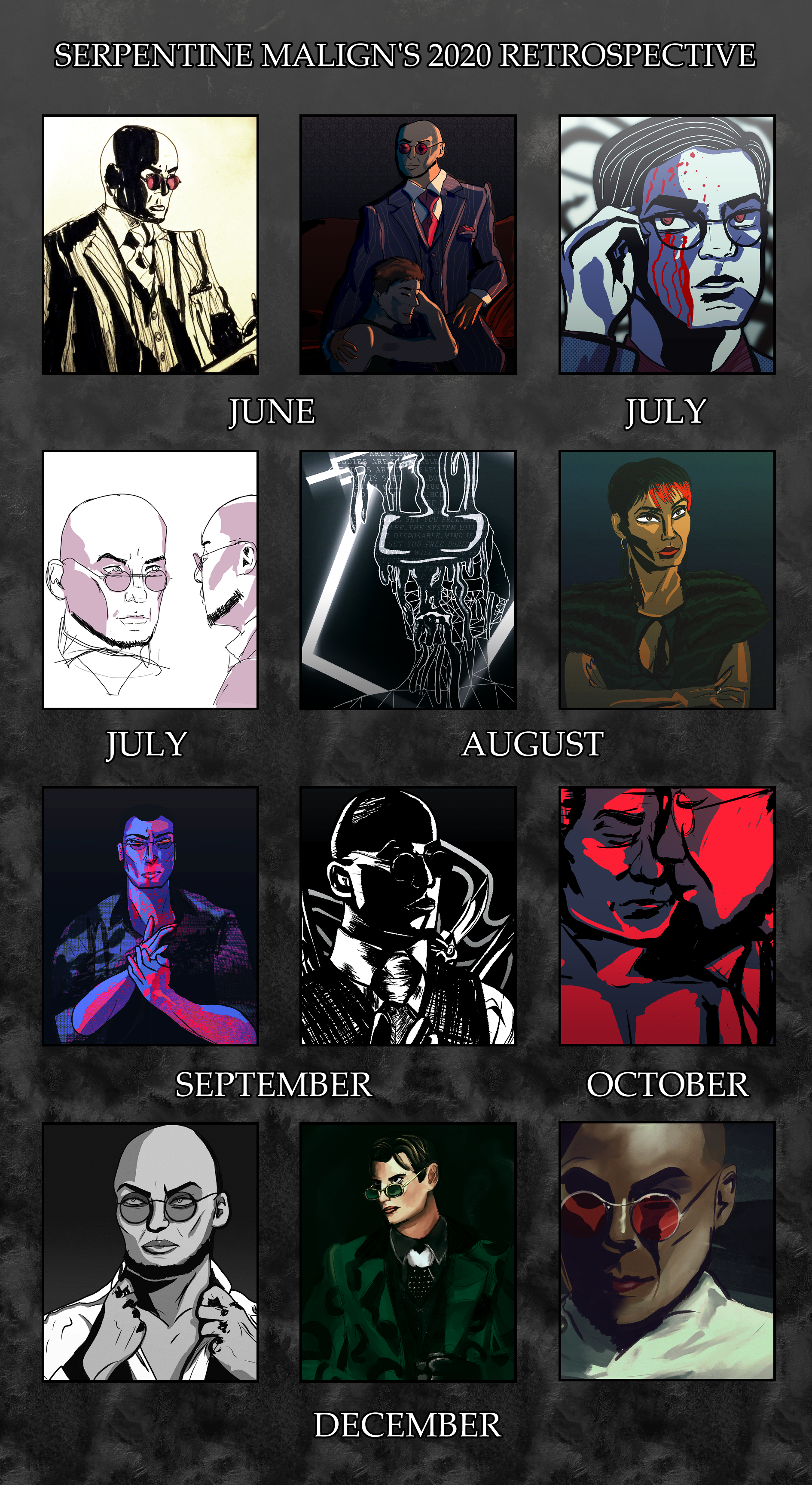 my 2020 retrospective. anatomy and aesthetics are questionable, and a wide variety of styles are used from soft rendering to hard shading and eyeburning colours.