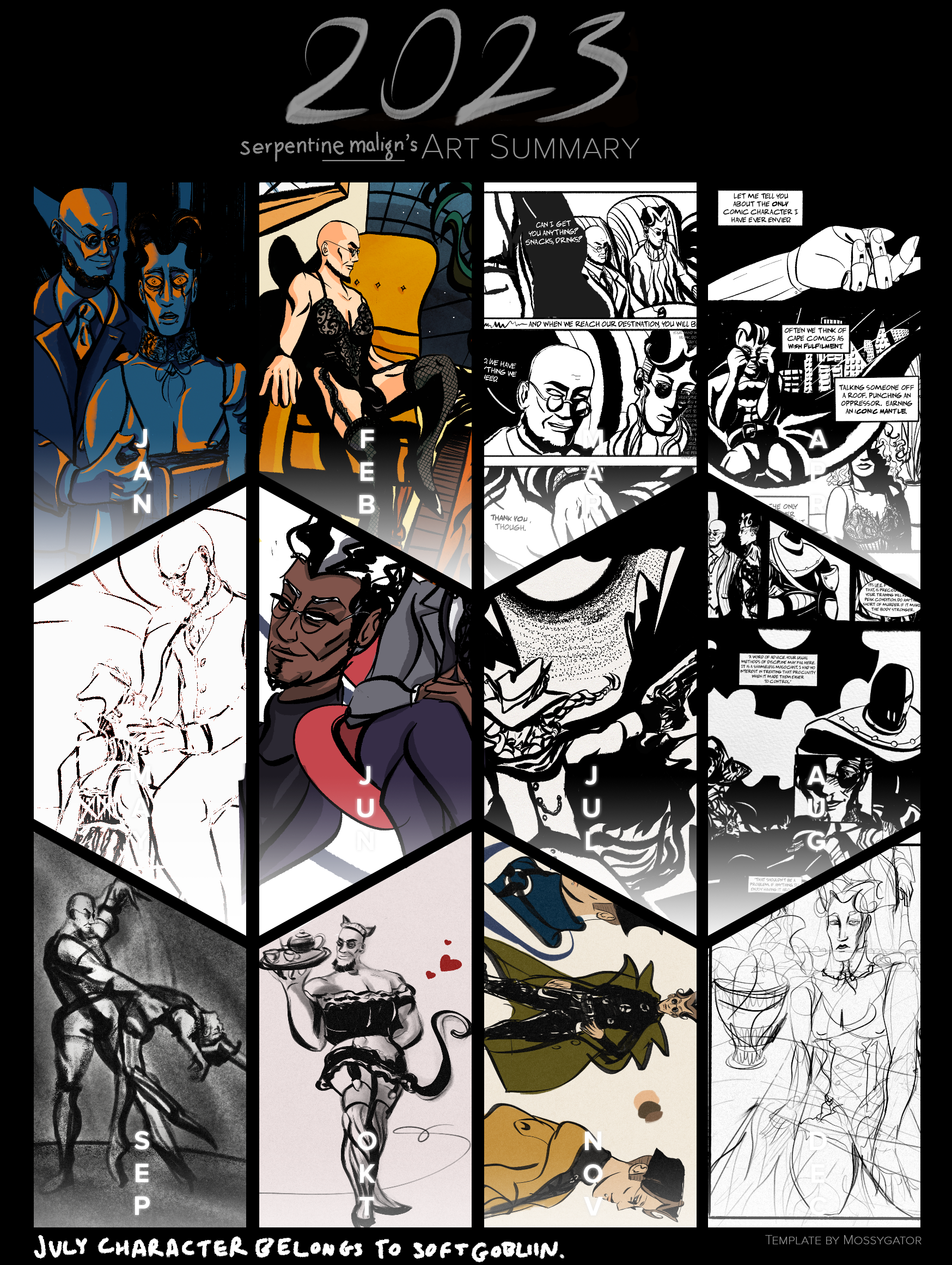 my 2023 art summary. most pieces are in black and white with a few splashes of colour. there are a lot of comic pages, lingerie, and my selfship (mat and hugo) together.