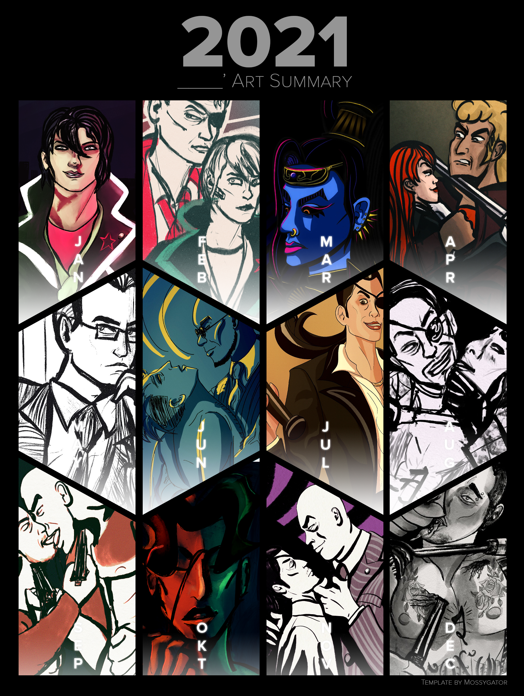 my 2021 retrospective. still some eyeburning and questionable anatomy but an actual style is coming to the forefront, one focused on thick inks and bold shadows. there is also actual character interaction and sexual tension here.