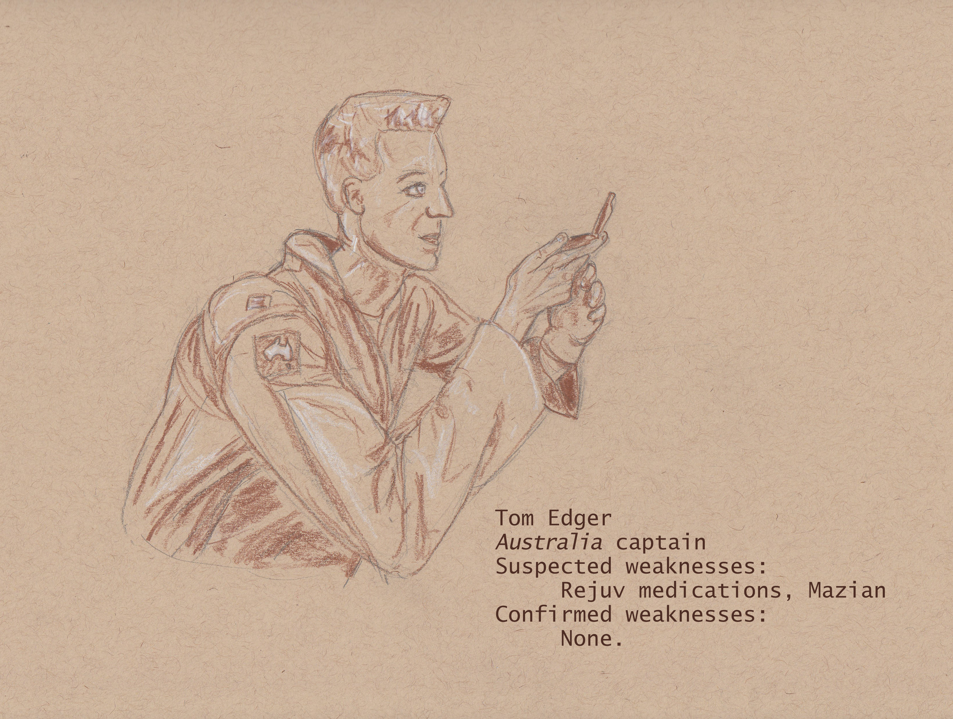 Colored pencil portrait of a lean man with an Australia shoulder patch looking at an open watch or similar device. The caption describes Tom Edger's observed (lack of) weaknesses.
