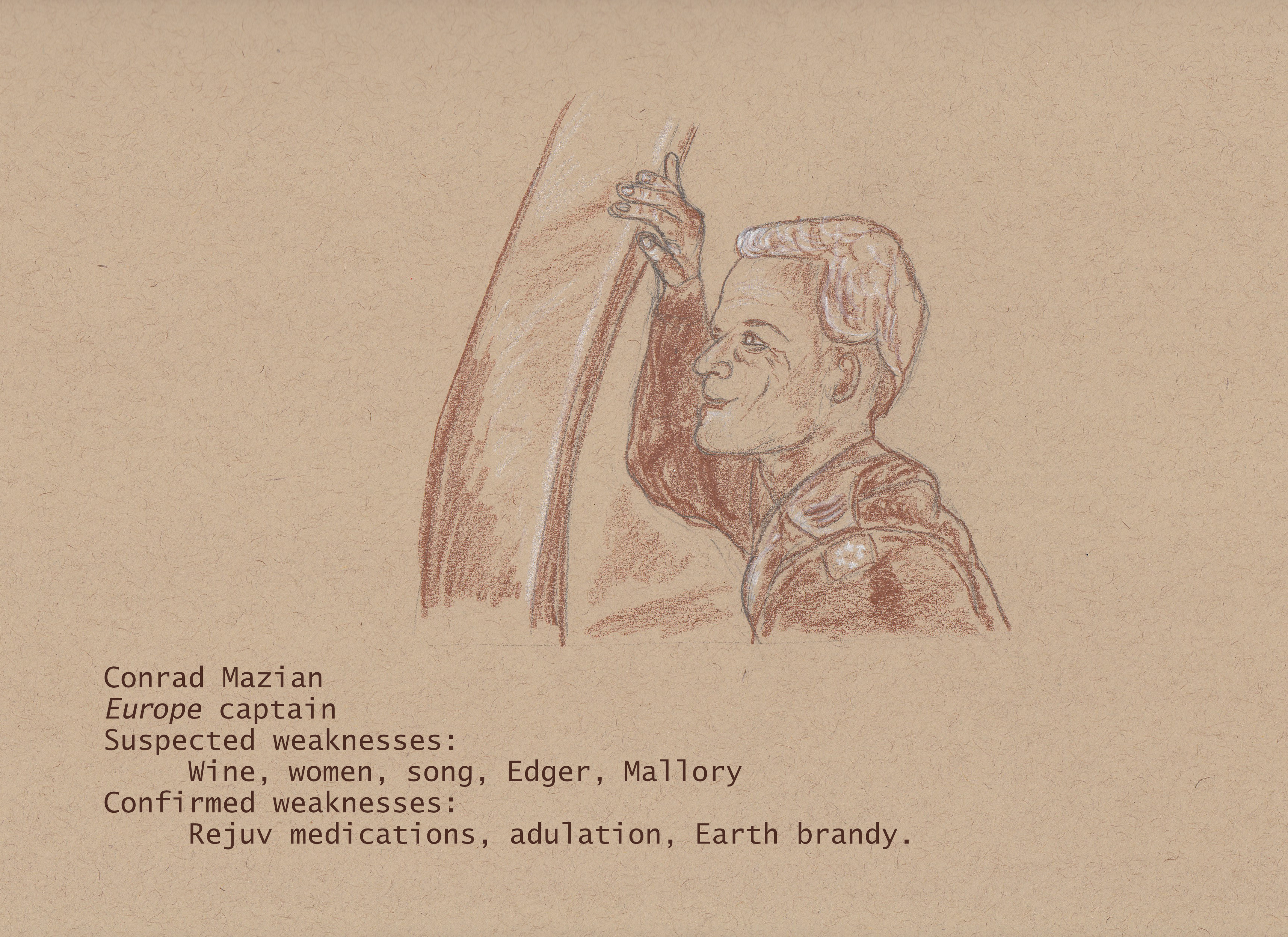 Colored pencil portrait of a man with silvered hair and a shoulder patch with a ring of stars. The caption describes Conrad Mazian's observed weaknesses.