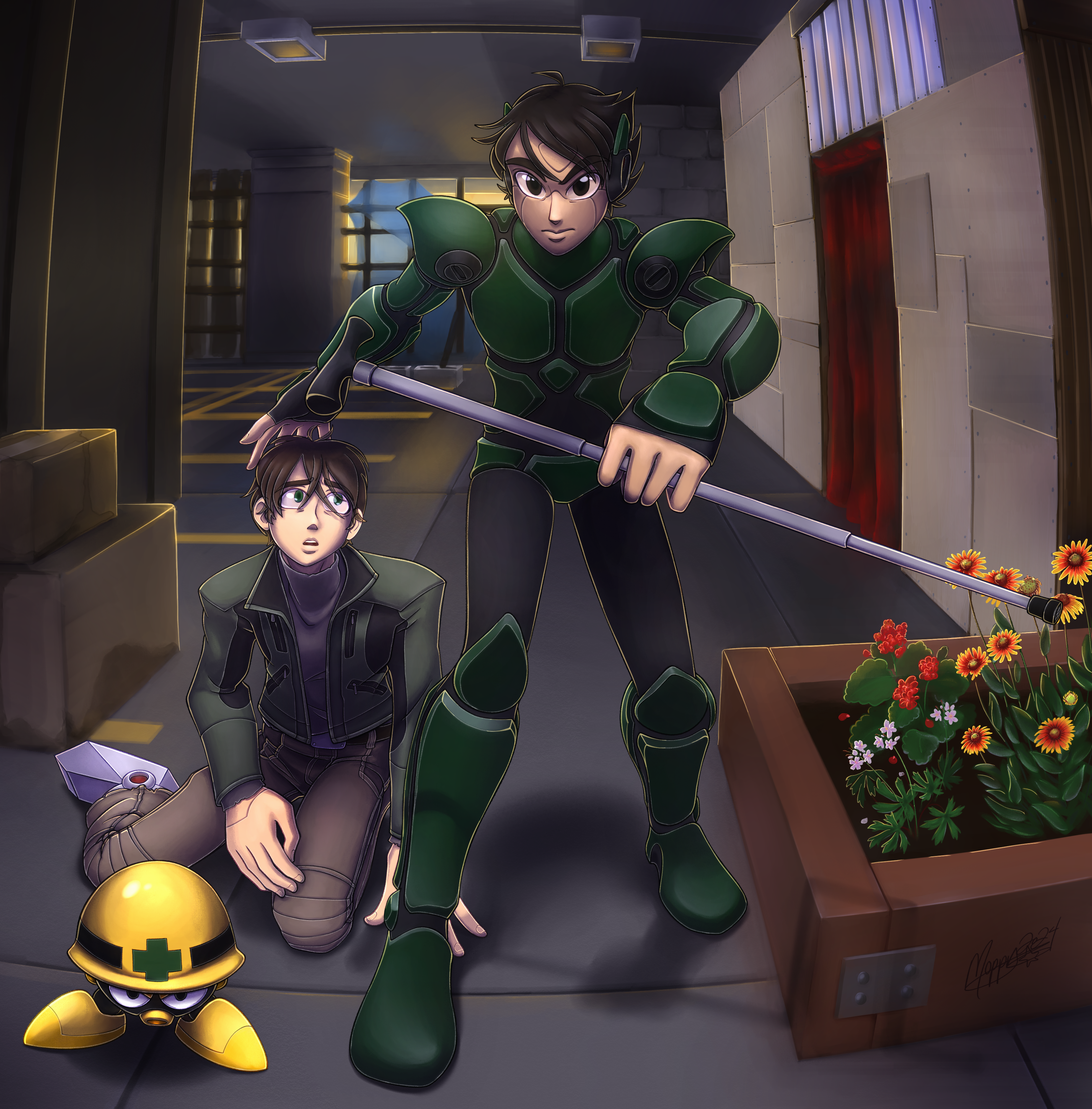 Drawing of Glitch, Mack, and X. Glitch is holding X's cane in front of him, angrily, having just caught it. One of his hands is protectively over X. X is on the ground beside him, looking up at him with wide eyes and a half-open mouth, as if not entirely processing what's happening. Mack is in front of him, stanced as protectively as a foot-tall walking helmet can get. The camp is visible in the background, as well as one of the flower beds, which has Indian blanket flowers, sticky geranium, and red geranium growing in it.