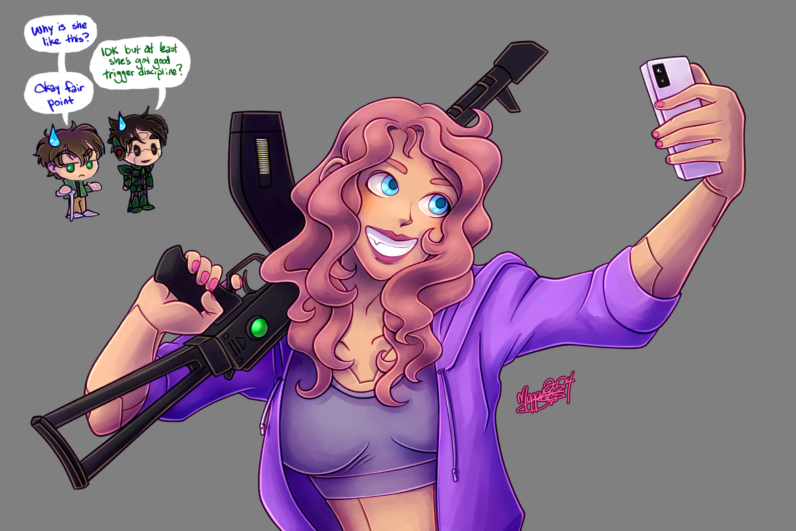 Drawing of Valentina based on a 'draw your characters like this' type of meme image, holding a black-colored energy rifle over one shoulder in one hand, and holding up a white smartphone in the other, as if to take a selfie. She is grinning broadly and maybe a little manically, and wearing a gray sports bra and violet jacket. In the background are two chibi doodles of X and Glitch with word balloons. X says, 'Why is she like this?' Glitch says, 'IDK but at least she's got good trigger discipline?' X responds, 'Okay fair point.' Valentina does in fact have her finger off the trigger appropriately. Both have sweatdrops on their heads.