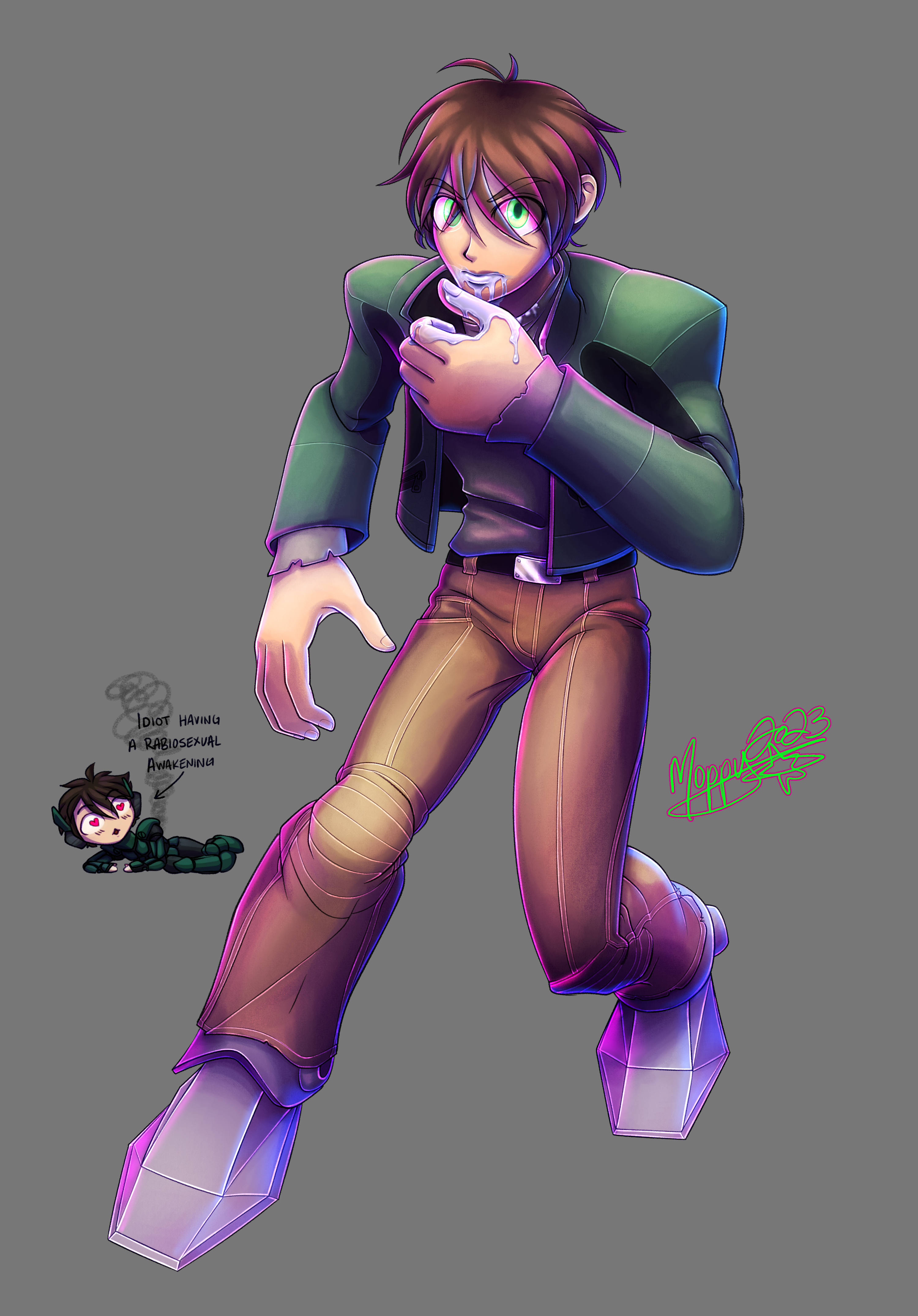Drawing of X, braced awkwardly on both legs and hunched over to try and maintain balance, wiping silver nanofluid from his mouth with the thumb side of his left hand and glaring directly into the viewer's point of view. Some of the nanofluid has stained the collar of his shirt. His eyes are unusually bright green, as if glowing, and for some reason I decided that this was the perfect place to use bisexual lighting so he's strongly lit in magenta from the left and blue from the right. In the background is a doodly, chibi Glitch, lying on his side and half-propping himself up on his arms, looking at X with heart eyes as smoke rises from him. He is labeled 'Idiot having a rabiosexual awakening' with a little arrow pointing to him.