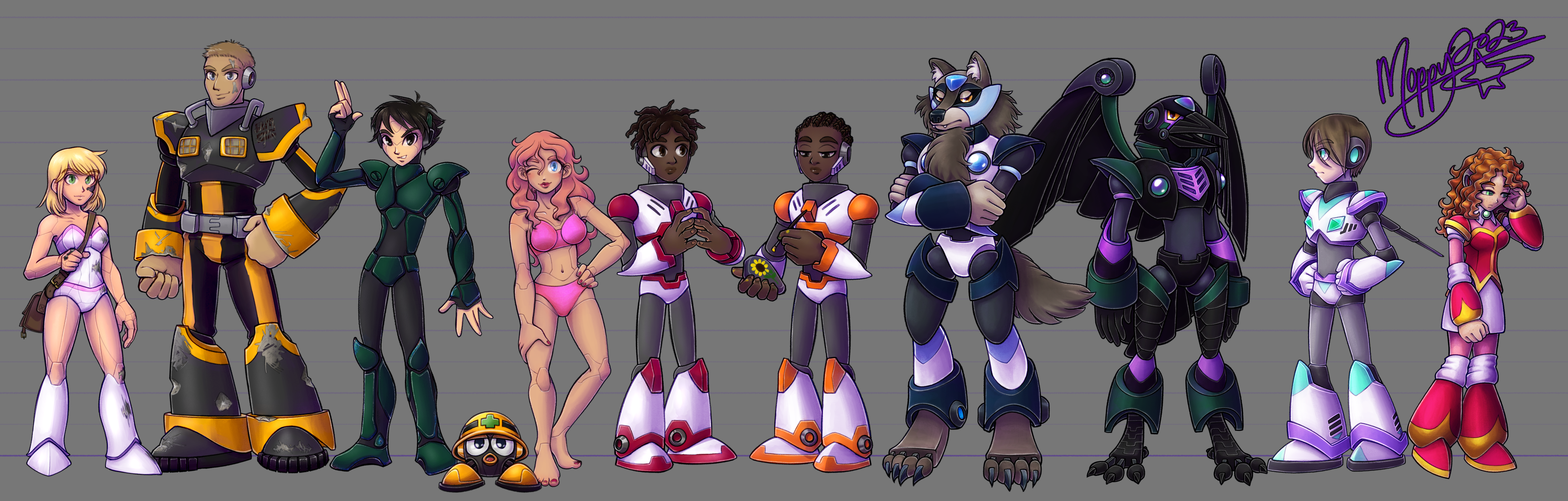 Drawing of a lineup of every reploid living in the encampment, minus X, and their relative heights.