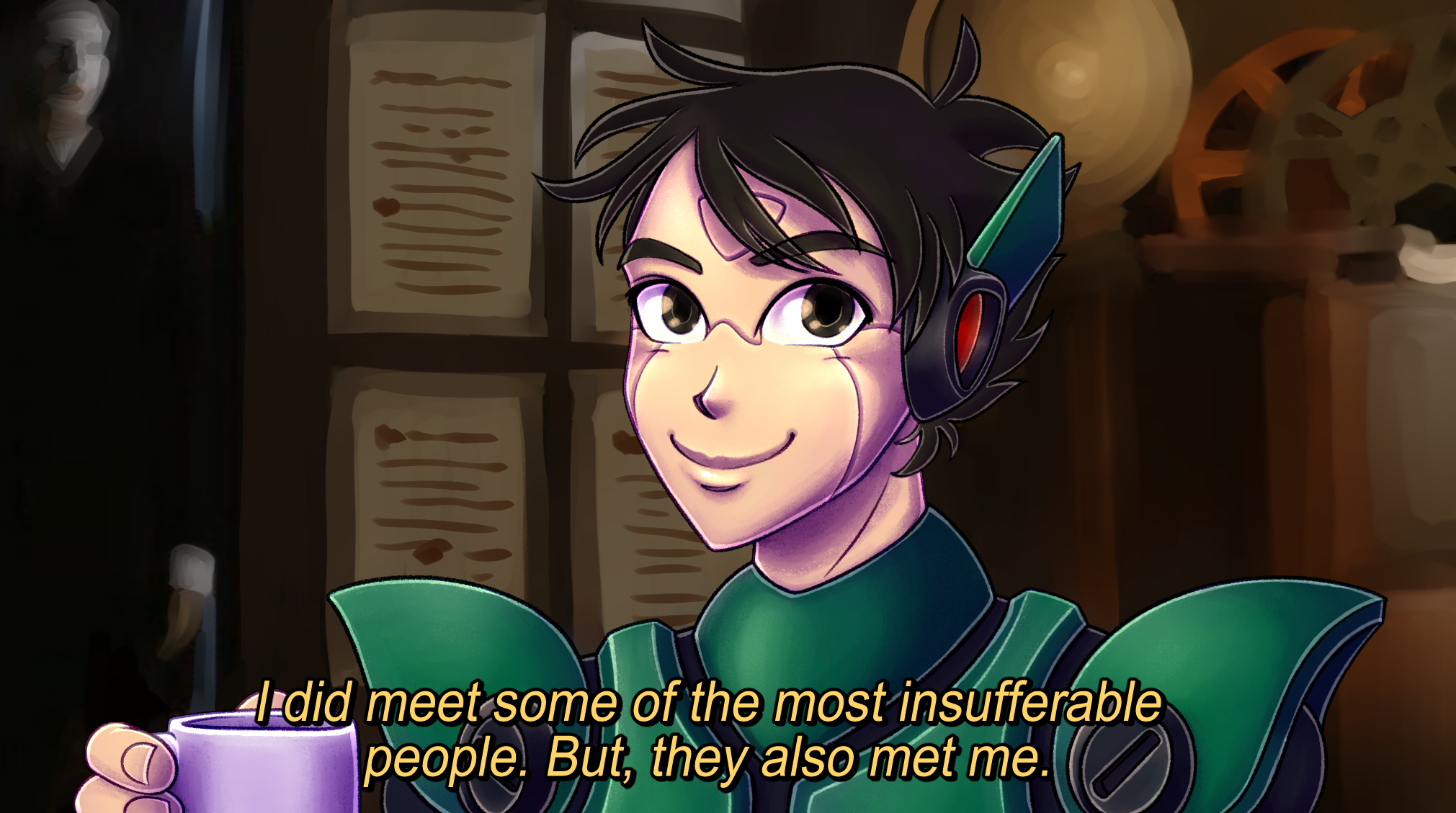 Drawing of Glitch based on a meme screenshot of Buzzfeed Unsolved's Shane Madej. Glitch is in a room with film paraphernalia, holding a mug of something and smiling at the camera. The caption reads, 'I did meet some of the most insufferable people. But, they also met me.'