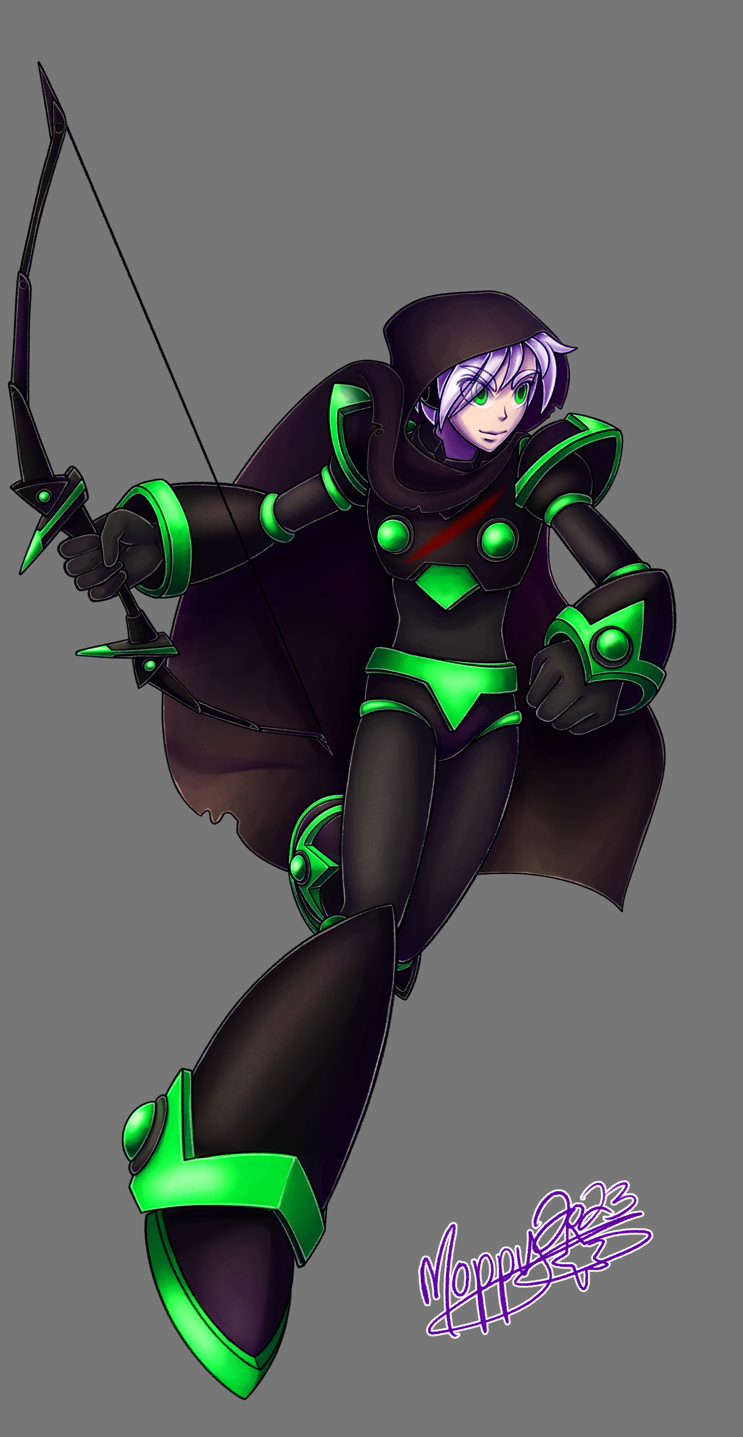 Drawing of Toxotes, as described in the text. They're in an action pose as if running, and have a black and acid-green bow in their right hand.