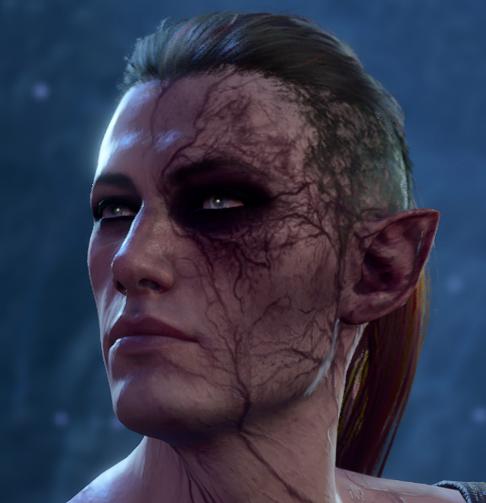 ALT: a screenshot of a half-elf character in Baldur's Gate 3, with hair shaved on the sides and tied back, pale eyes, fair skin, and dark eyemakeup. He has a scar over his left eye, and on his neck. He has black illithi veins covering the left side of his face.