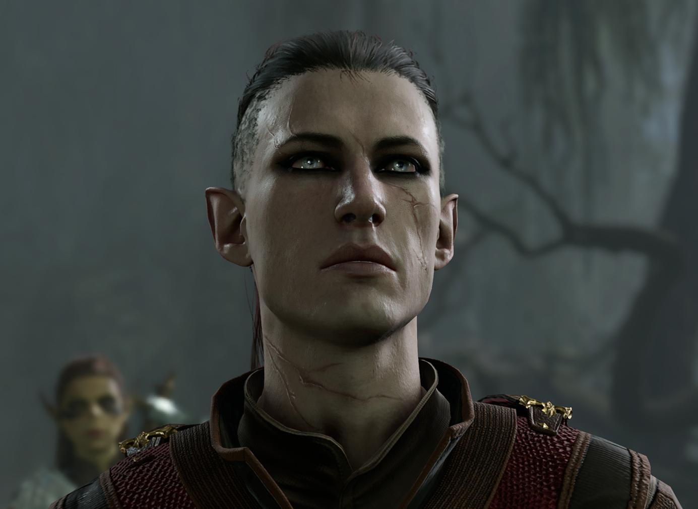 a screenshot of a half-elf character in Baldur's Gate 3, with hair shaved on the sides and tied back, pale eyes, fair skin, and dark eyemakeup. He has a scar over his left eye, and on his neck. He's facing the camera and looking slightly up, frowning slightly.