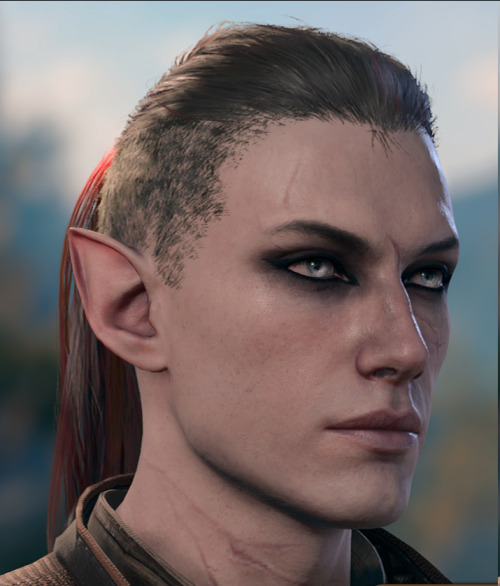 ALT: a screenshot of a half-elf character in Baldur's Gate 3, with hair shaved on the sides and tied back, pale eyes, fair skin, and dark eyemakeup. He has a scar over his left eye, and on his neck. He's in three-quareter view, showing red streaks in his ponytail