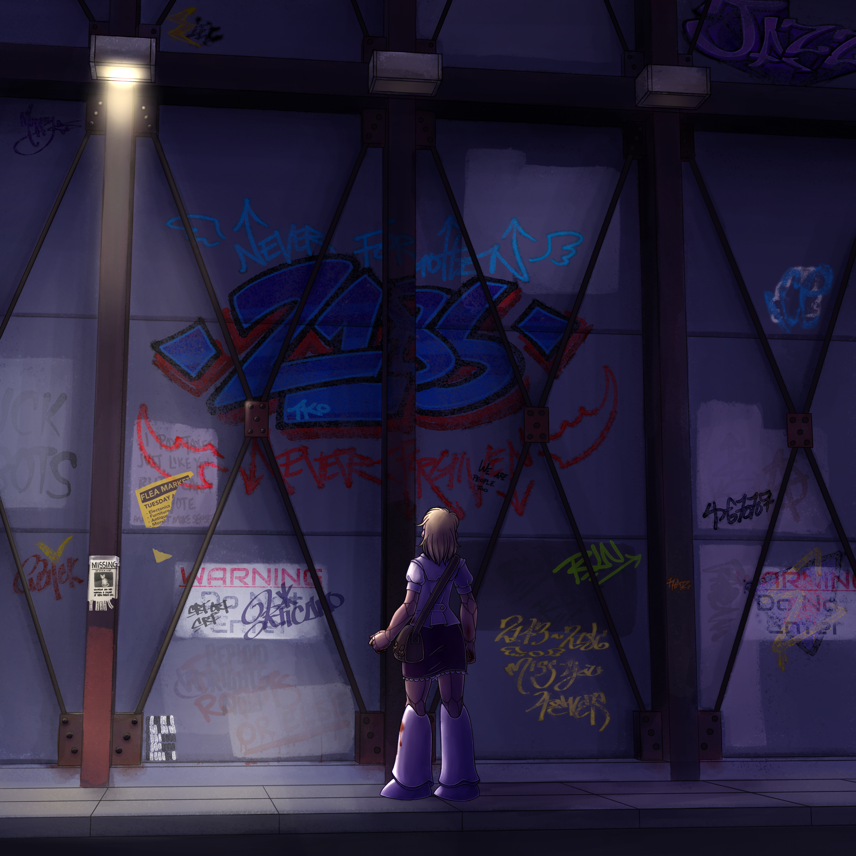Drawing of Kathy, in front of the quarantine wall. Some blood is visible on her hands, blouse, and the white plating of her lower legs. The wall's metal framing is rusty and painted over at human height, to cover old graffiti. A missing cat poster is taped to one of the metal beams, and there's a large poster for a past flea market, now mostly torn down. The dark concrete of the wall itself is covered in various tags and graffiti; some are less readable, though there is a large one in red and blue with the number 2186 framed on top with pale blue text reading 'Never Forgotten' and stylized angel wings, and framed on the bottom with deep red letters reading 'Never Forgiven' and stylized devil wings. Many tags are heavily painted over in various shades of gray that don't quite match, but are faintly readable through the paint. Some of them read, 'Fuck robots,' 'I pay taxes just like you but I can't vote, make it make sense,' and 'Reploid rights now,' though at some point someone added 'or else' in ominous red letters, and someone painted 'fuck robots' again over the entire thing. Only one of the wall's various safety lights is on, and the 'Warning: Do Not Enter' signs are heavily tagged and faded with age and neglect.