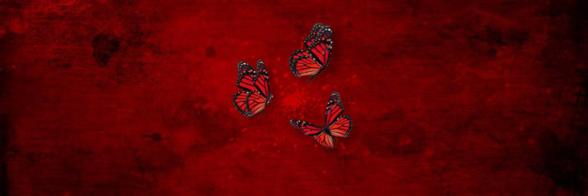 A chapter header featuring three red butterflies flying in front of cartoon blood spatter, all on a red and black textured background.  The butterflies resemble monarch butterflies, aside from the color.