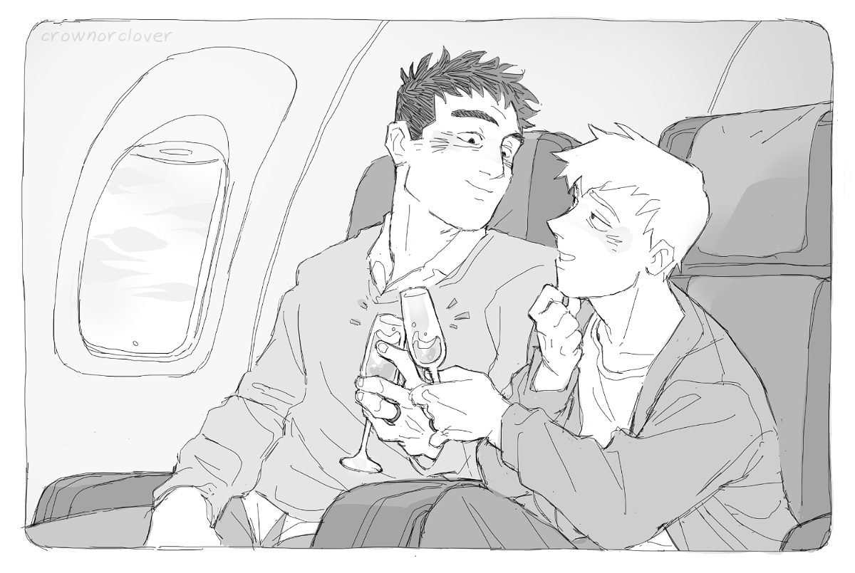 Reigen and Serizawa clink champagne glasses aboard a plane.